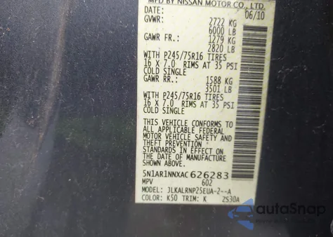 2010 Nissan Pathfinder S Fe+ from USA, damaged, VIN 5N1AR1NNXAC626283